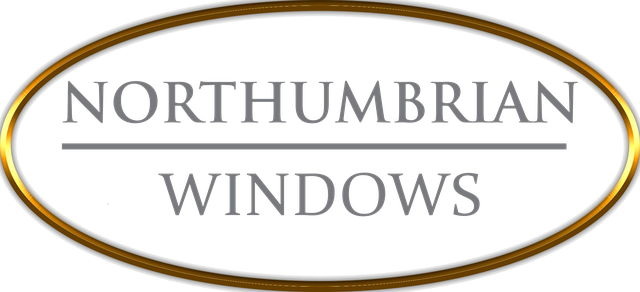 Northumbrian Windows logo with gold oval and silver lettering on transparent background